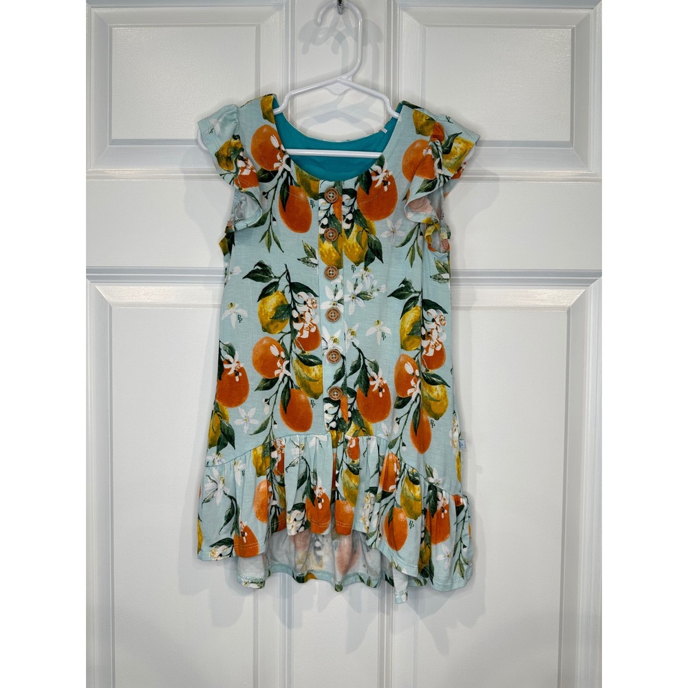 Rosh Peanut Girls Dress Size 2T Blue Orange Citrus Print Ruffle Sleeve Button